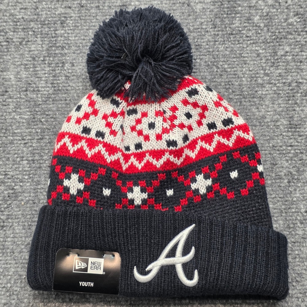 New Era Atlanta Braves Youth Beanie Hat Navy Blue Red Knit Pom Pom 60531003 NWT